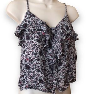 American Eagle Purple Pink White Floral Ruffle Shirt Buttons, sp, 100% Viscose